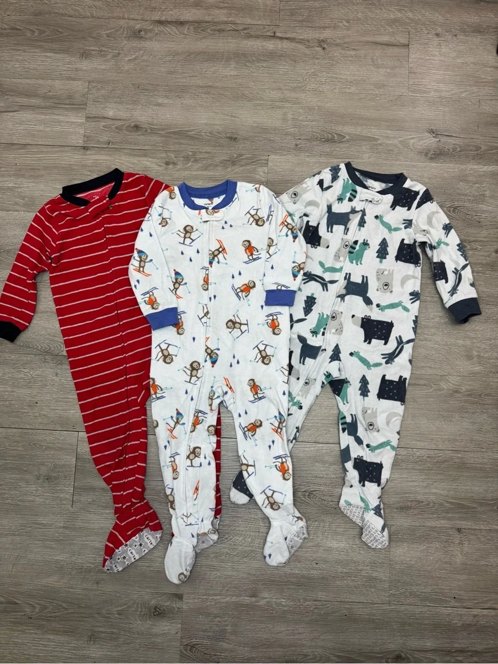 3 Pack Footed Zip Pajama Sleepers 24 Months Red Animal Monkey Bundle